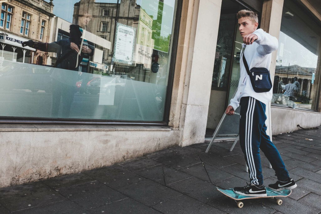 Skateboarder outside Waitrose